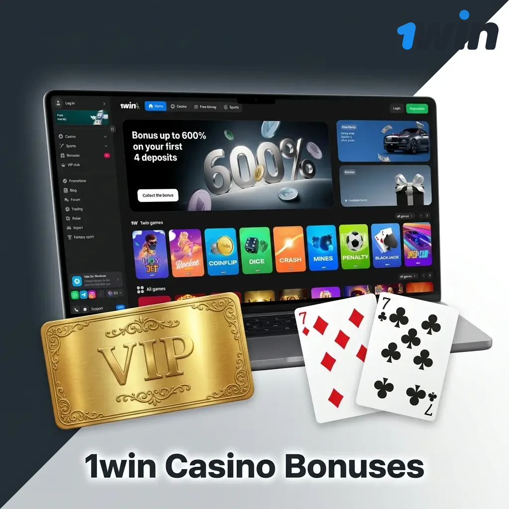 1win Casino bonuses including welcome offer up to 170%, cashback, reload bonuses, and lottery prize draws for players