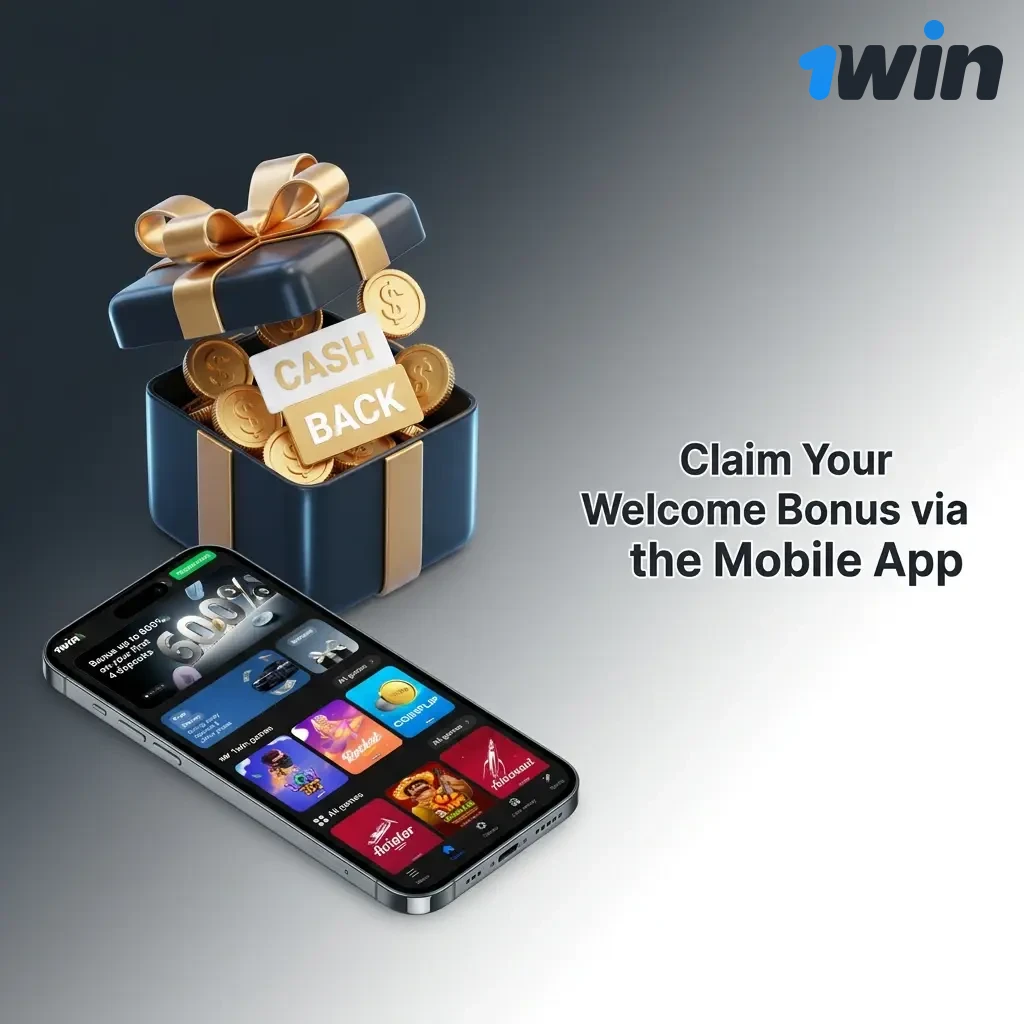 1win mobile app on Android and iOS showing welcome bonus claim process with cashier deposit section in India
